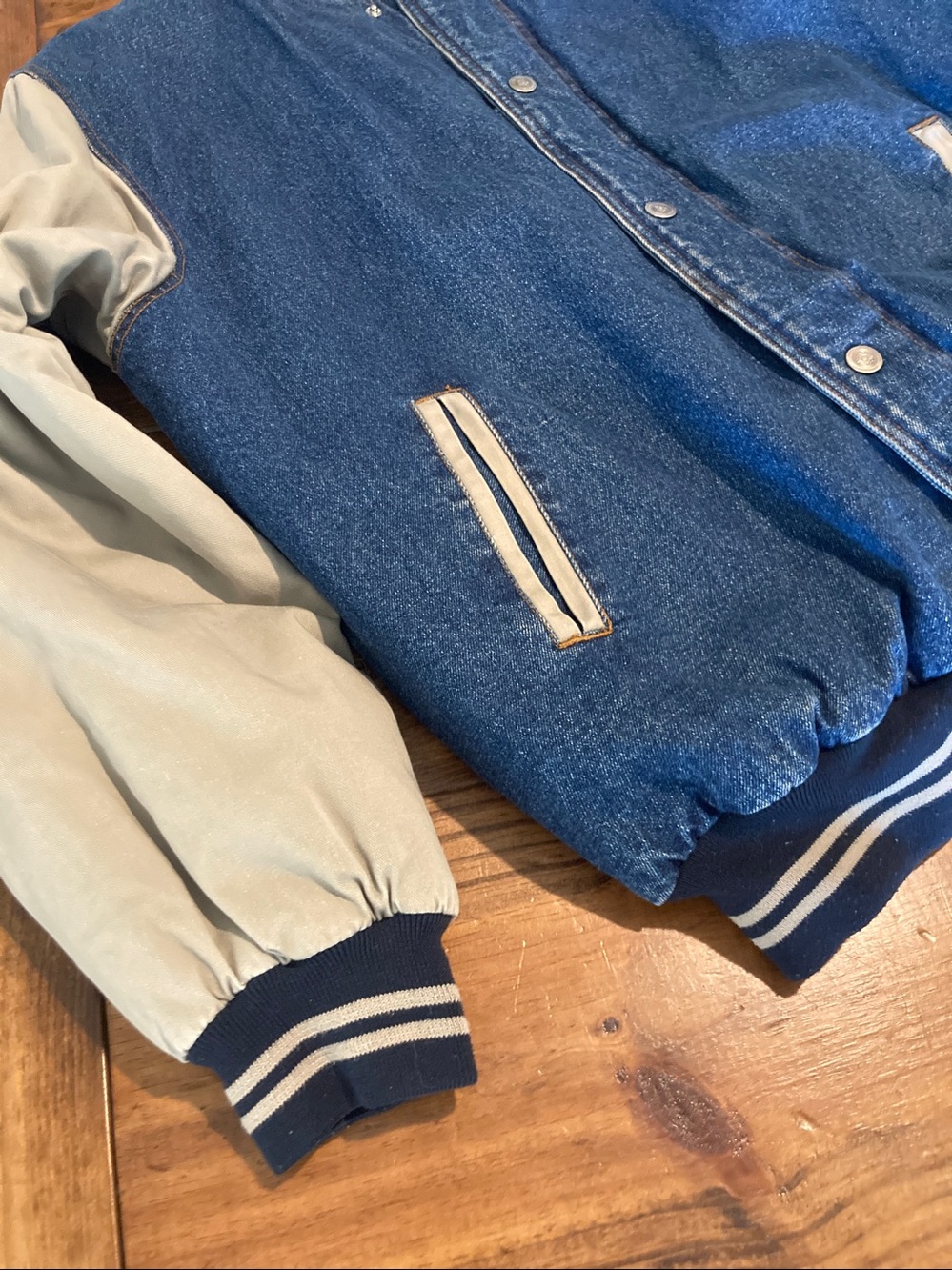 Vintage Blue Denim Bomber Jacket with Tan Sleeves - Picture 13 of 14